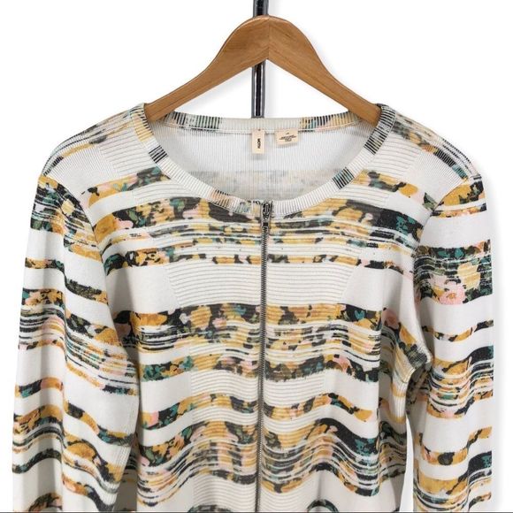 Moth Anthropologie White Array Floral Striped Zip Up Knit Cardigan Sweater - Picture 3 of 11